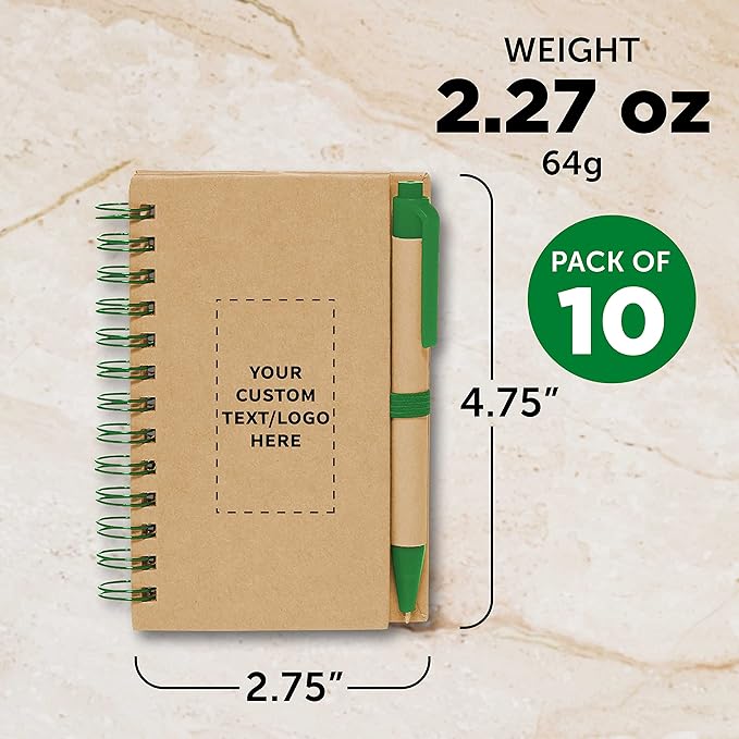 Custom Mini Spiral Notebooks with Black Ink Pens Set of 10, Personalized Bulk Pack - Perfect for School, Office, Business, Home - Green
