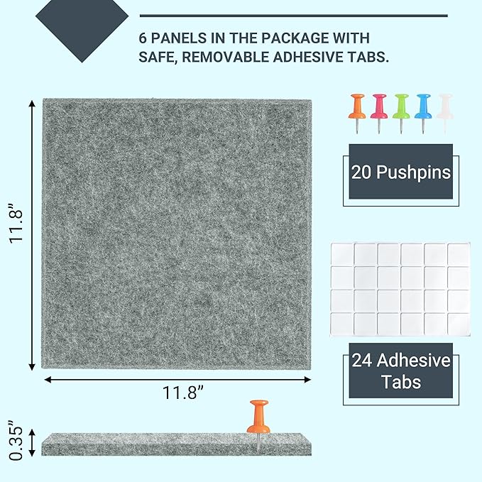 AKTOP Cork Board Bulletin Board 24"x36", 6 Pack Removable Felt Cork Board Tiles for Wall, Large Corkboard Notice Pin Board for Office, School & Home,24 Safe Adhesive Tabs, 20 Push Pins, Grey