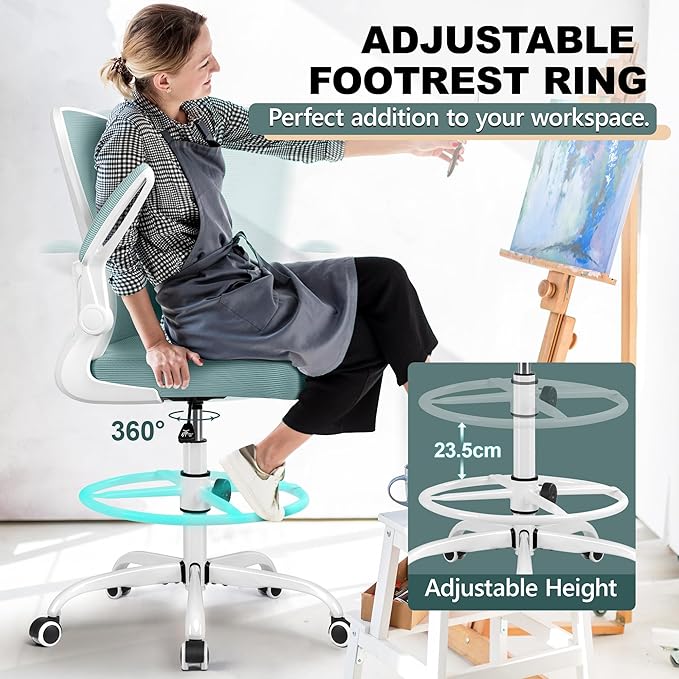 FelixKing Drafting Chair Ergonomic Tall Office Chair, Breathable Mesh Chair with Adjustable Footrest Ring Lumbar Support Flip-up Armrests, High Back Executive Comfy Task Computer Chair for Home Office