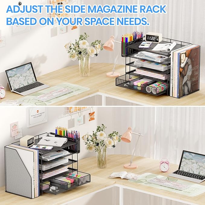 Desk Organizers and Accessories, 5-Tier Paper File Organizer with Drawer & Pen Holder, Office Desk Accessories Workspace Desktop Organizer for Office Supplies(Black)