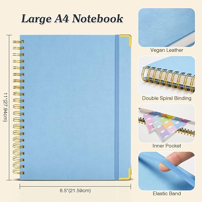 Spiral Notebook 8.5" x 11", 300 Numbered Pages Notebooks College Ruled with Tabs, Hardcover Leather Lined Journal for Women Men, 100GSM Thick Journals for Writing, Large A4 Notebooks for Work School