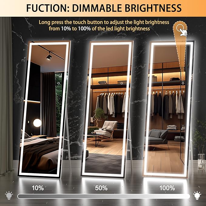 Hasipu Full Length Mirror with Lights, 56" x 15.8" LED Floor Mirror, Full Body Dressing Standing, Hanging Mounted Mirror for Living Room Bedroom Cloakroom, Square White