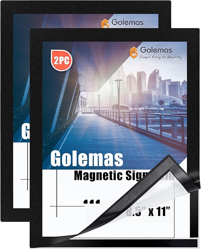 Magnetic Sign Holder, 8.5 x 11 Wall Mount Self Adhesive Document Display Frames, Double Sided Display for Glass Window (Black, 2pack)