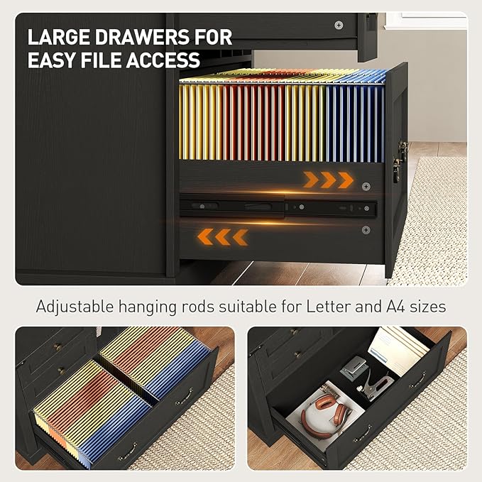 Farmhouse File Cabinet, Lateral Filing Cabinet with 3 Drawers and Folder Organizer, Office Storage Cabinet for A4 Letter Size Files, Printer Stand with Storage for Home Office, Black