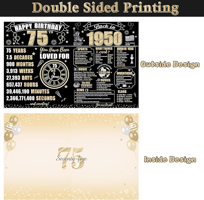 Large 75th Birthday Gift Card With Envelope for Men Women, 1950 Black Gold Happy 75th Birthday Giant Guest Signature Book Gifts, Big Vintage 75th Greeting Card Decoration Party Supplies