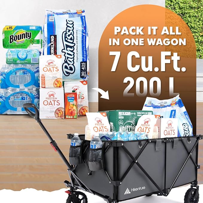 Hikenture Collapsible Wagon 330LBS Capacity, 200L Extra Large Wagons Carts Foldable, Heavy Duty Folding Wagon with All-Terrain Wheels, Utility Beach Wagon for Outdoor Garden