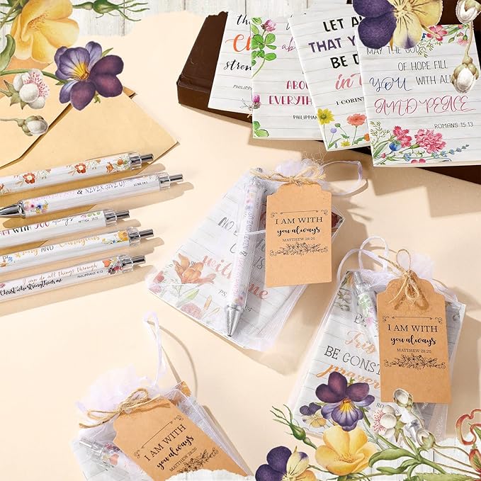 200 Pcs Bible Verse Sets Church Christian Gift Include 50 Scripture Notebooks 50 Bible Bamboo Pens 50 Thanks Tags 50 Organza Bags for Women Man Christian Party Gifts(White,Floral)