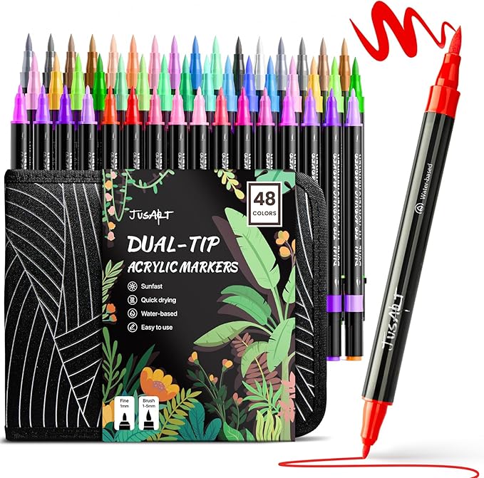JusArt 48 Colors Acrylic Paint Markers Set With Bag, Dual Tip with Brush Tip and Fine Tip Paint Pens for Rock Painting, Wood, Egg, Canvas, Glass, Stone, Ceramic, DIY Crafts Professional Art Supplies