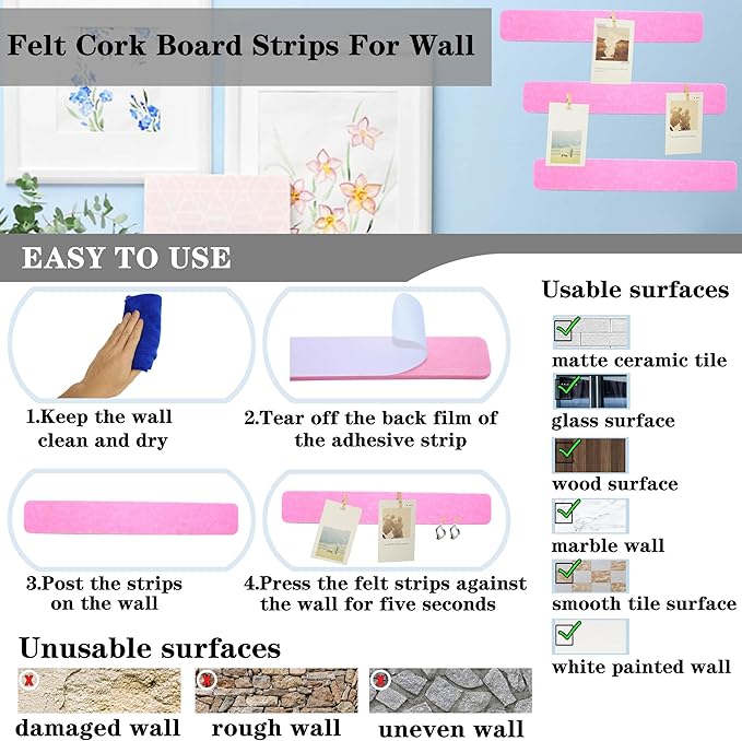 8Pcs Bulletin Board Strips,Pink Felt Pin Board Bar Strips with 50 Pushpins, Self-Adhesive Felt Cork Board Strips for Wall to Display Your Notes, Photos, Schedules, Announcements