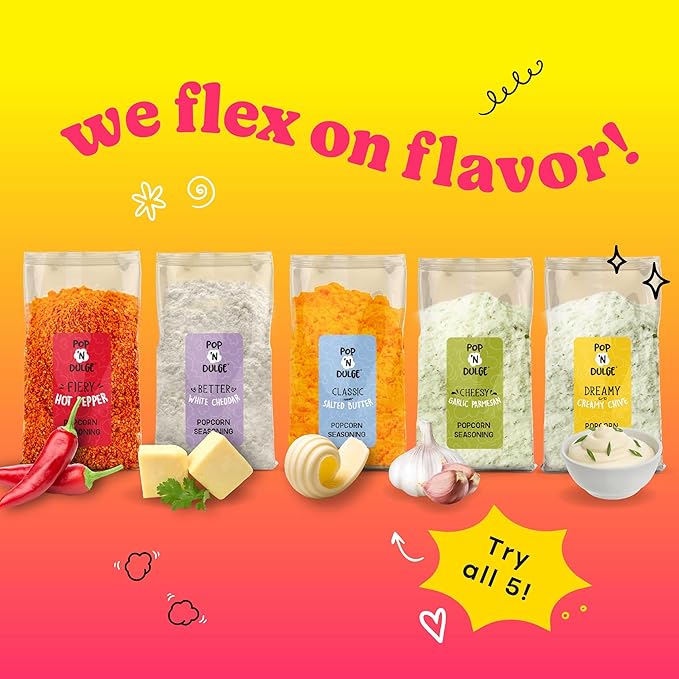 Popcorn Movie Night Supplies Popcorn Kernels Popcorn Seasoning 16 Pack, 5 Gourmet Popcorn Kernels, 5 Popcorn Seasoning Variety Packs Non-GMO Snacks, Includes 6 Bags, Gift Basket Idea
