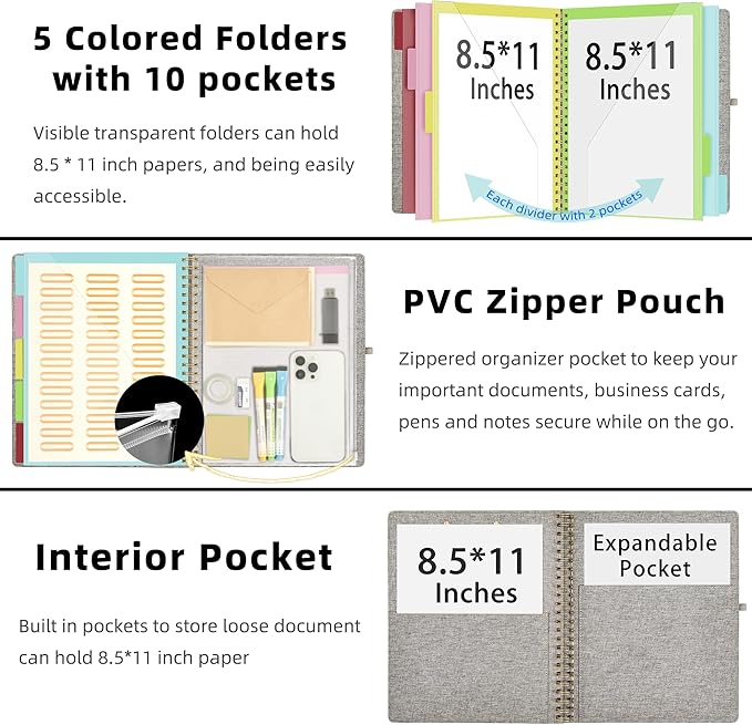 Ospelelf Foldable Spiral Clipboard Folio with Storage Zipper Pouch, 5 Plastic Folders with 10 Pockets,Refillable Lined Notepad (11" x 8.5"), Hardcover Project Organizer with 39 Stickers (Grey)