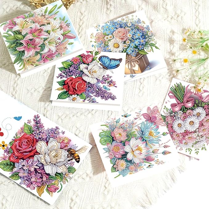 8 Packs Diamond Art Painting Greeting Card Kit Diamond Art Greeting Cards Special Shaped Diamond Painting Greeting Card Arts Crafts for Christmas Birthday Thanksgiving Day Holiday (Flowers 30x15cm)