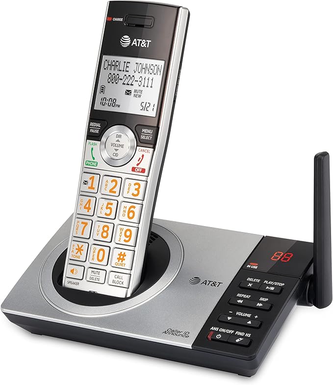 AT&T DECT 6.0 Expandable Cordless Phone with Answering System, Silver/Black with 1 Handset (CL82107)