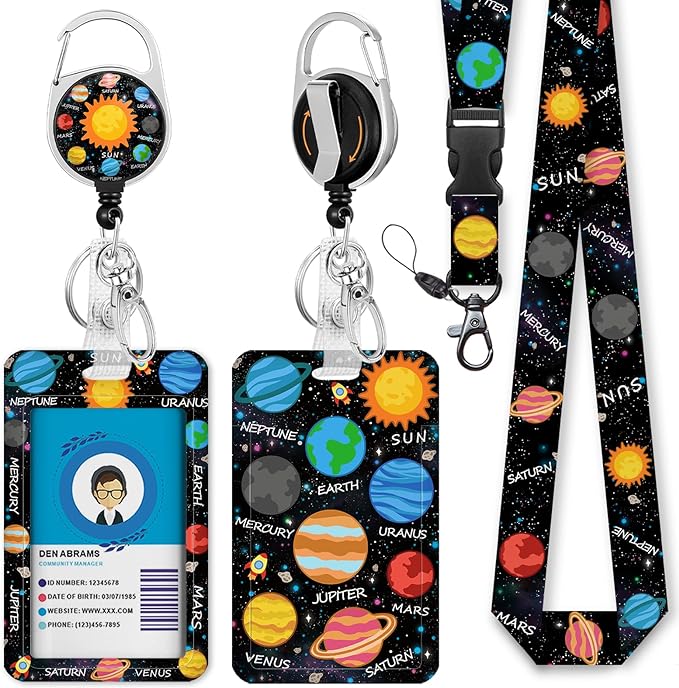 Giancomics Space Planet Sun Lanyards for Id Badges, ID Badge Holder with Lanyard Badge Reel Retractable, Galaxy Lanyard with ID Holder Keychain Clip Name Tag ID Card Holder for Women Men Work Office