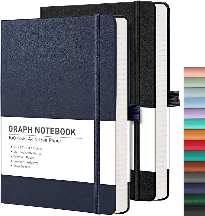 RETTACY Graph Grid Paper Notebook, 2-Pack, 192 Pages per Pack, A5 Medium Size (5.7'' x 8.3''), Leather Hardcover, 100 GSM Thick Paper, for School, Students, Math, Engineering (Black & Navy Blue)
