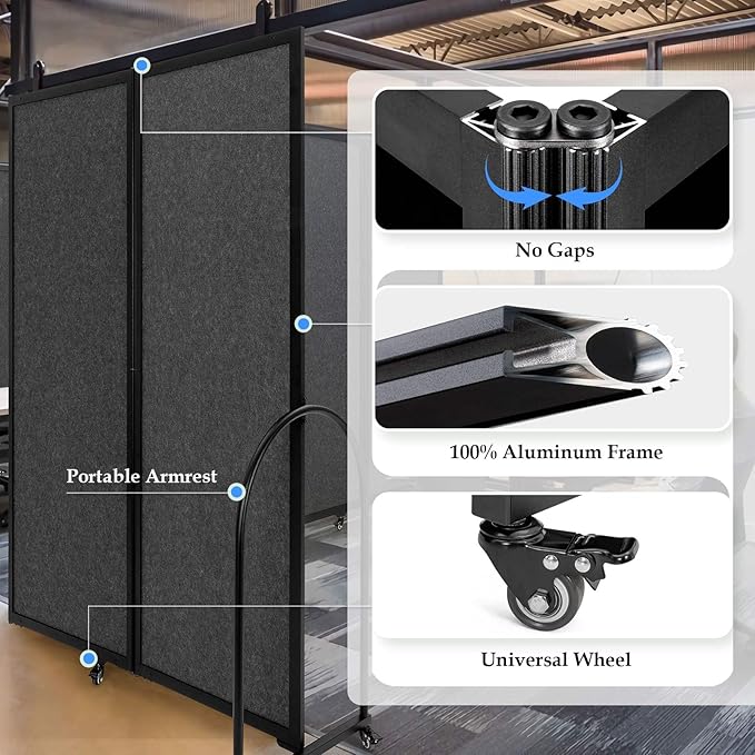 Folding Room Partition,Privacy Room Screen with Arms,Office Dividers Partition Wall,14'3"L* 6'7"H,Dark Grey