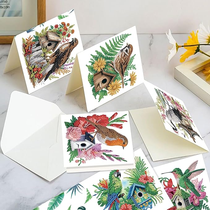 Tontut 6pcs Diamond Art Painting Kit Greeting Card, Bird on The House 5D DIY Diamond Handmade Holiday Greeting Card with Envelope, Holiday Gift Congratulation