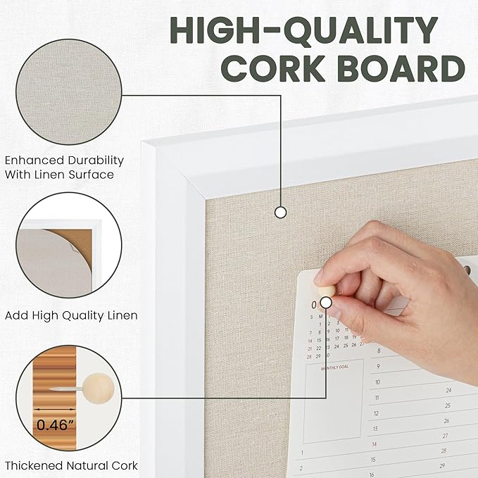 Bulletin Board Cork Board with Linen, 100% Wood Framed 24" x 36" Bulletin Board Decorations, Pin Boards for Walls, Wall Mounted Fabric Picture Board with 10 Pushpins for School, Home & Office, White