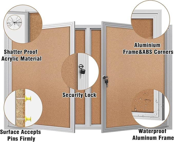 48"x30" Enclosed Bulletin Board, Outdoor Lockable Weather-Resistant Aluminum Cork Noticeboard for School & Office, Silver Frame w/Cork
