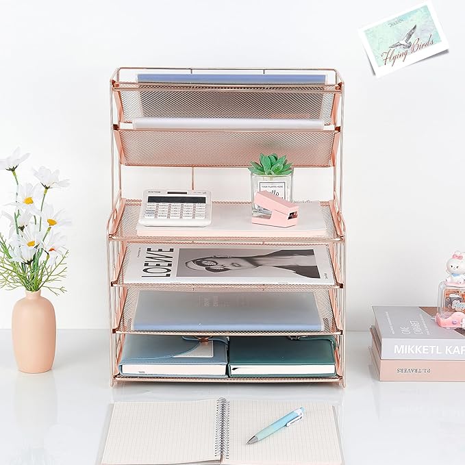 Desk Organizers and Accessories, 6-Tier Letter Tray Paper Organizer, Desktop File Organizer, Office Desk Accessories for Office Supplies (Rose Gold)