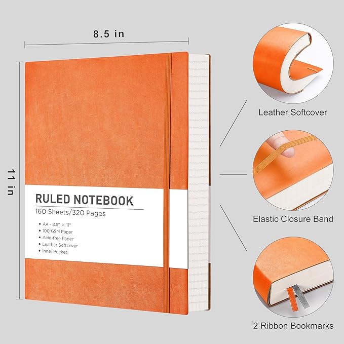 RETTACY Journaling Notebooks, A4 Lined Notebook Journal with 320 Pages, 8.5" × 11", Large Size, Notebook Journal for Work, School, Writing, Leather Softcover, 100 GSM Thick Paper (Orange)