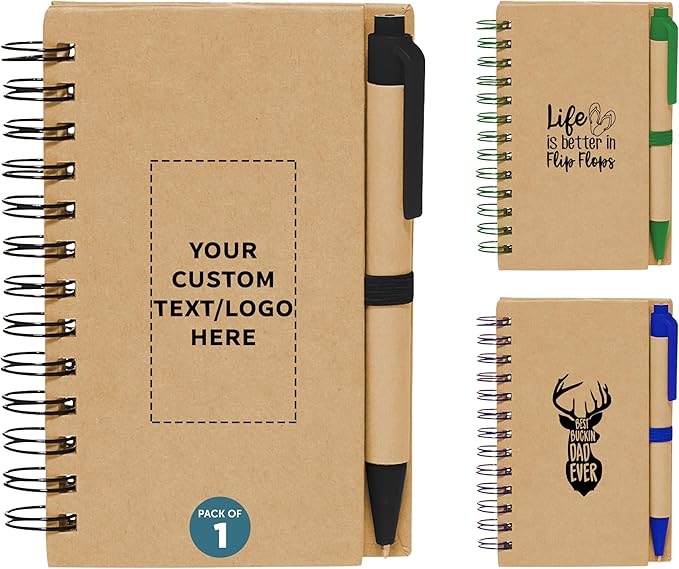 DISCOUNT PROMOS Custom Mini Spiral Notebooks with Black Ink Pens Set of 1, Personalized Bulk Pack - Perfect for Office, Business, Home - Black