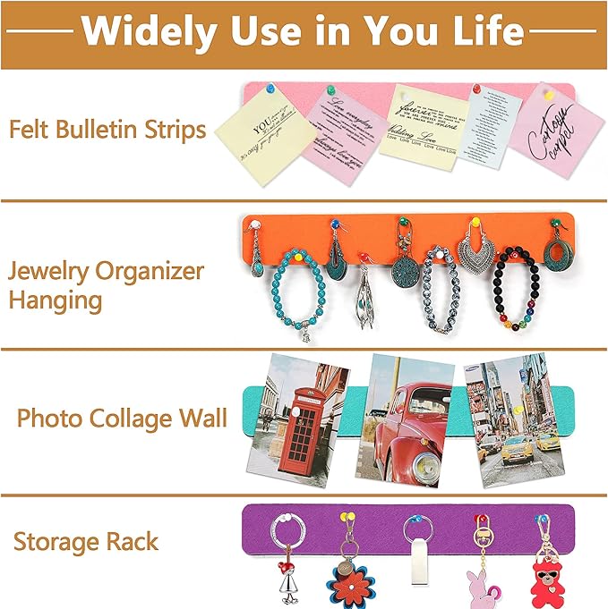 5 Pack Felt Pin Board Bar Strips Bulletin Board for Bedrooms Offices Home Wall Decoration, Notice Board Self Adhesive Cork Board with 35 Push Pins for Paste Notes, Photos, Schedules (Multi-Color)