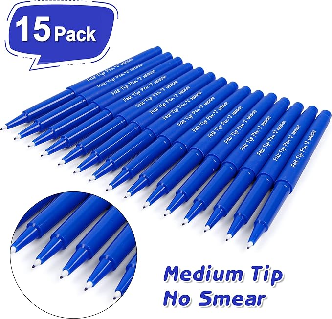 Lelix Felt Tip Pens, 15 Blue Pack, 0.7mm Medium Point, Felt Tip Markers Pens for Journaling, Writing, Note Taking, Planner, Perfect for School Office and Art Supplies