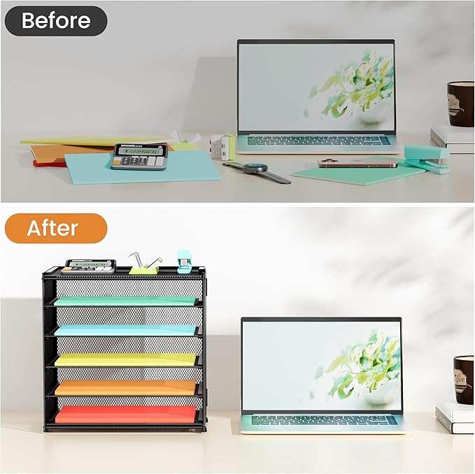 6 Tier Paper Organizer, Metal Mesh Desk File Organizer, Letter Tray Organizer, Paper Sorter Desk Organizer for Office, Home or School File Folder Holder - Black