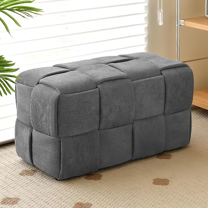 Ottoman Foot Rest Soft and Comfortable Ottoman Square Corduroy Woven Design Sofa Stool (Grey-L)