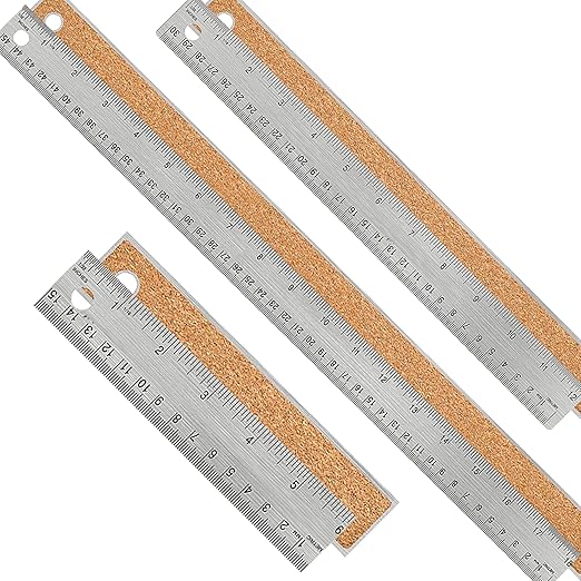 Metal Ruler Set [6+12+18 Inch] – Stainless Steel Rulers with Cork Backing, Non-Slip Measuring Tools with Inch & Centimeter Markings, Drafting and Office Use, Prevents Ink Leakage