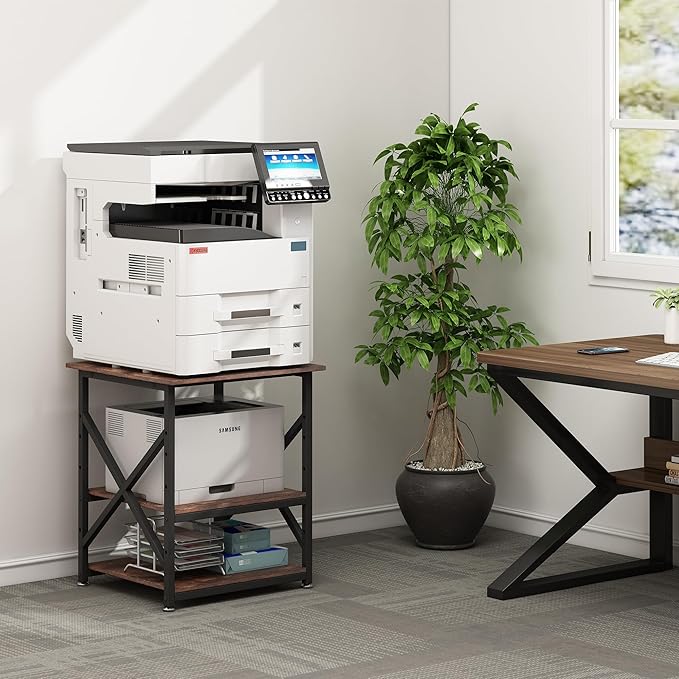 23.6 x 23.6 Inches Large Printer Stand, 3 Tier Square Printer Table with Height Adjustable Storage Shelf, Rolling Printer Cart with Industrial Wheels for Home Office - Rustic Brown