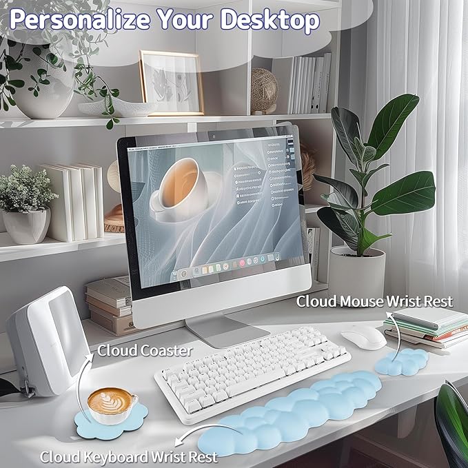 Cloud Wrist Rest Keyboard, Cloud Palm Rest Set with PU Leather Memory Foam, Cute Keyboard Rest for Wrist Support and Arm Rest, Desk Cloud Wrist Pad for PC/Gaming/Hand Cushion/Computer-Blue