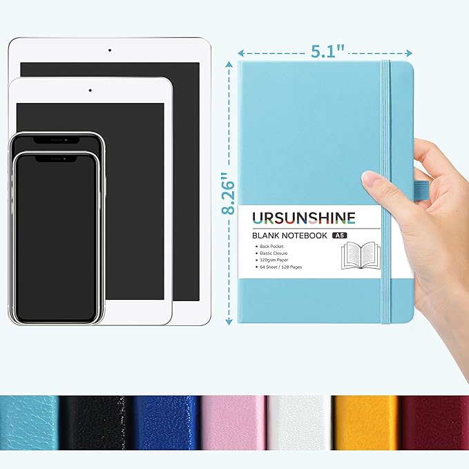 Blank Journal/Notebook - Classic Notebook/Journal with Ribbon Divider, Hardcover with Thick Paper, 5.3'' x 8.26'', Banded + Pen Holder +Inner Pocket - Light Blue