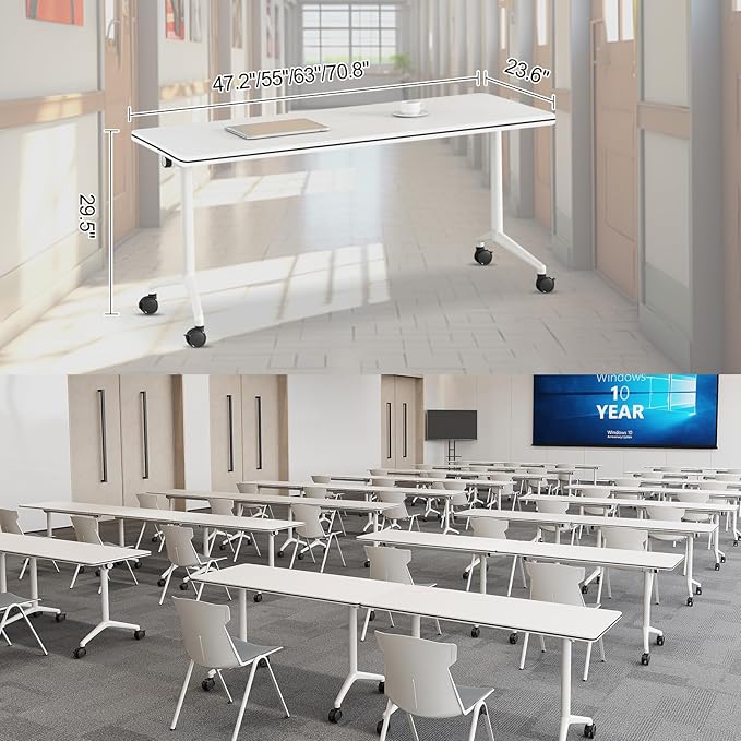 Folding Conference Room Tables 6 Pack, Foldable Modern Mobile Meeting Table Desk Training Table 6FT Large Rolling OfficeTable for Conference Training Classroom (2, 55" * 23.6" * 29.5")