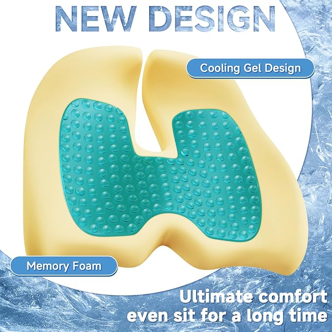 Benazcap Gel Seat Cushion for Office Chair Ergonomic Cushions-Gel & Memory Foam Coccyx Butt Pillow for Sciatica & Back Pain Relief for Long Sitting for Gaming Chair and Car Seat-Black