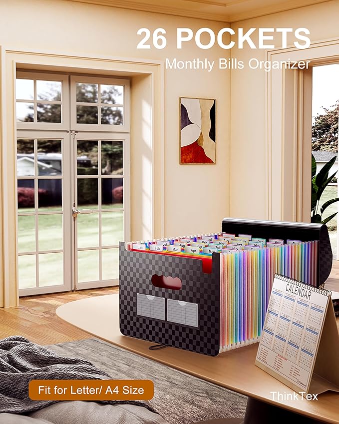 ThinkTex Accordion File Organizer, 26 Pockets Expanding File Folders, Monthly Bill Receipt Documents Organizer, A-Z Colorful Tabs, Letter/A4 Size