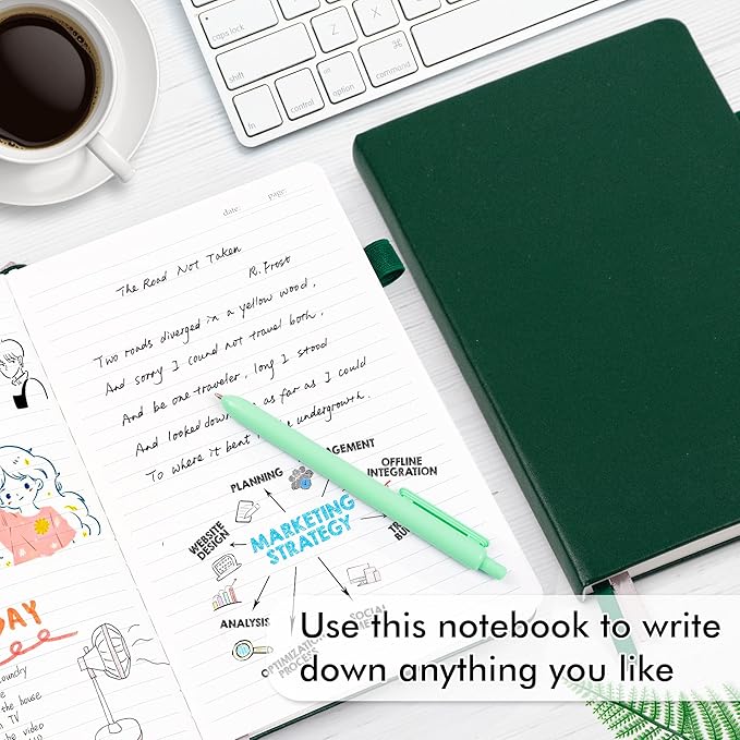 feela 5 Pack Journal Notebook Bulk for School, Hardcover Business Notebooks Classic Ruled Lined Journals with Pen Holder for Work Note Taking, with 5 Black Pens, 120 GSM, 5.1”x8.3”, A5, Dark Green