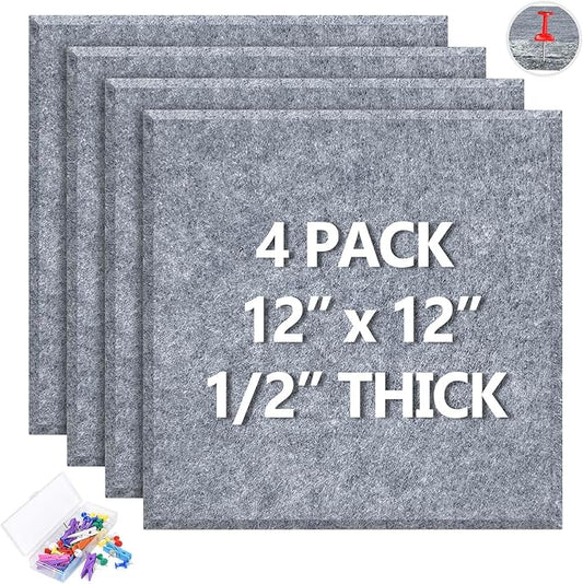 4 Pack Cork Board Tiles 12x12 Inches, 1/2" Thick Felt Cork Squares with 30 Push Pins, Bulletin Board Pin Board, Adhesive Cork Board for for Wall for Home, Office, and Kitchen (Gray)