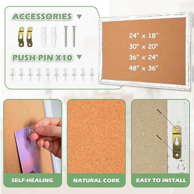 DOLLAR BOSS White Cork Board - 24 X 18 Inches, Rustic Wooden Frame, Decorative Hanging Pin Board for Office & Home Decor