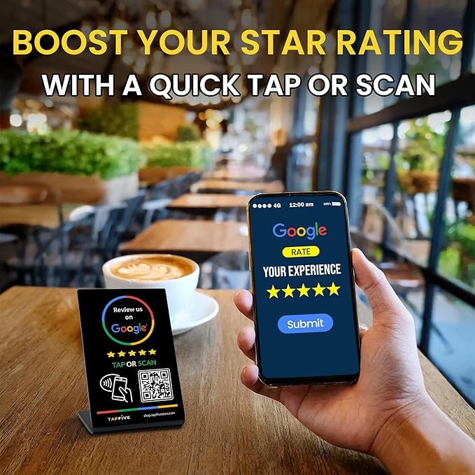 Tap Google Review Stand by TapFive - Tap for Instant Reviews - All Phones Compatible - Reusable Smart Tap NFC & QR - Boost Business Reviews - Zappy Fast - Powered by TapFive (Black, 1 Stand)