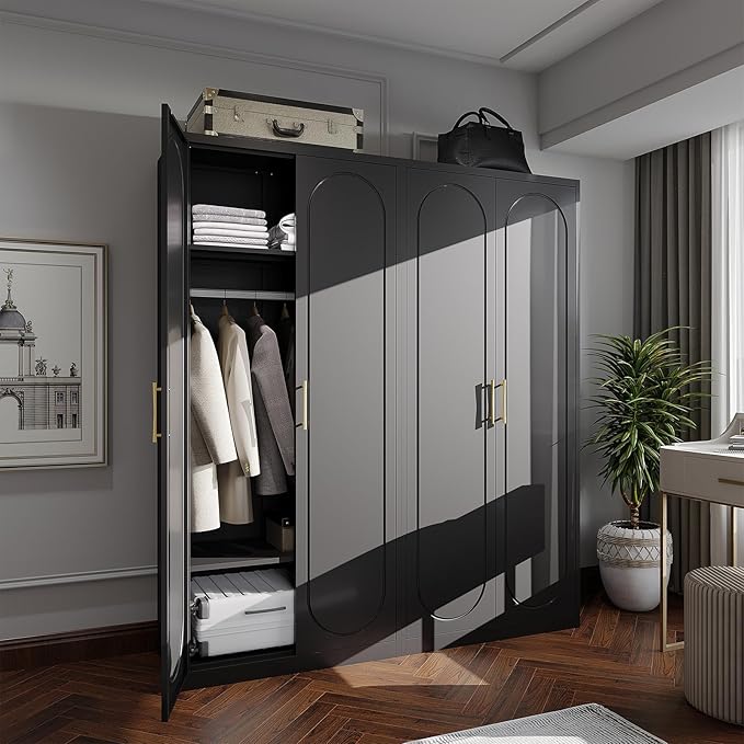 Metal Armoire Wardrobe Closet with Doors and Shelves, 71" Tall Wardrobe Closet with Hanging Rod, Freestanding Clothes Cabinets, Large Wardrobes for Bedroom, Black, Assembly Required