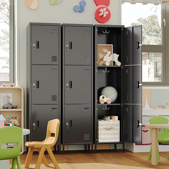 Aobabo 16" W 3 Door Metal Storage Locker with Lock, 66" H Steel Locker with Name Card Holder and Metal Hook for School, Home, Office, Playroom, Assembly Required, Black