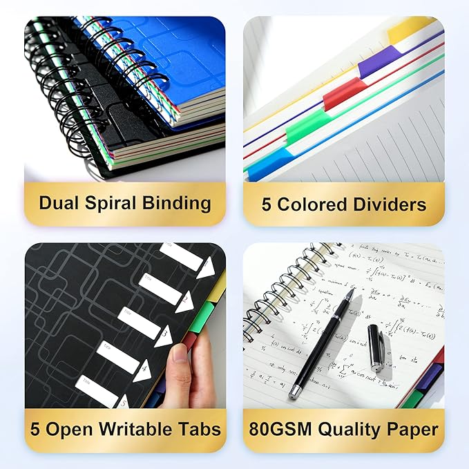 CAGIE 5 Subject Spiral Notebooks Set of 4, 240 Pages Notebook for Work with Dividers Tabs, A5 Small Notebook School Office Supplies, College Ruled (Black)