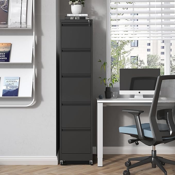 5 Drawer Mobile File Cabinet, Metal Filing Cabinet with Lock and Wheels, Home Office Rolling File Cabinets for Legal/Letter Hanging File Folders, Un-Assembled (Black)