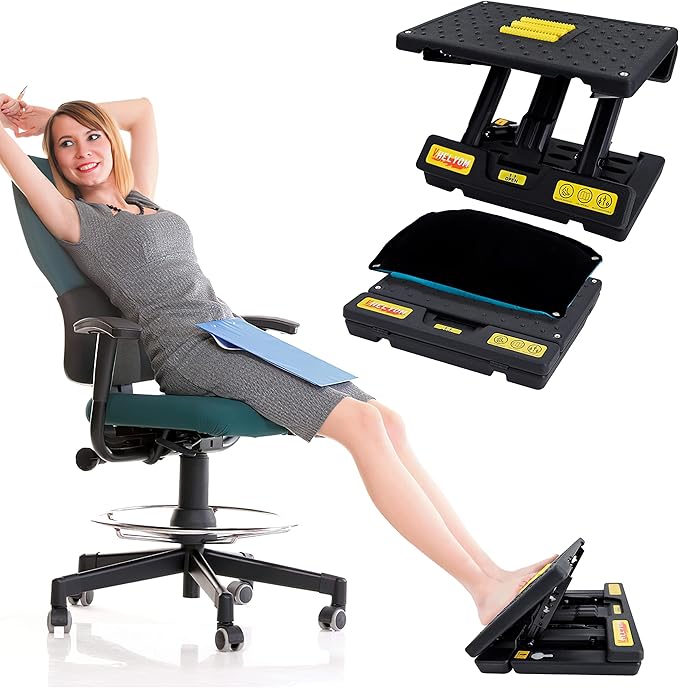 Footrest for Under Desk, Height Adjustable Footrest with Massage Roller and Thick Cushion, Foldable Ergonomic Foot Rest for Car, Office, Home, Train