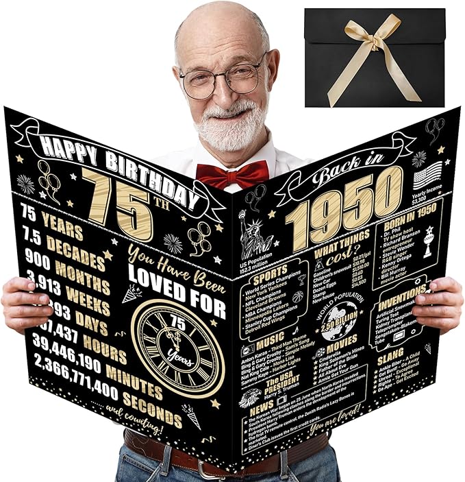 Large 75th Birthday Gift Card With Envelope for Men Women, 1950 Black Gold Happy 75th Birthday Giant Guest Signature Book Gifts, Big Vintage 75th Greeting Card Decoration Party Supplies