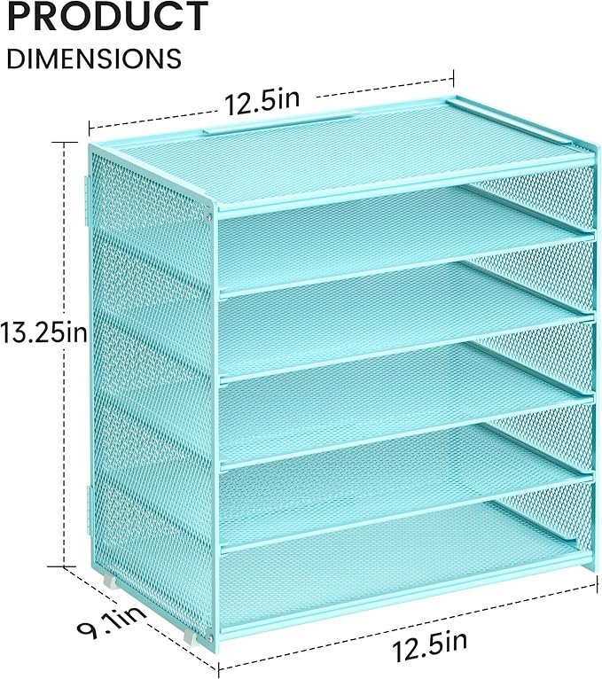 6 Tier Paper Organizer, Metal Mesh Desk File Organizer, Letter Tray Organizer, Paper Sorter Desk Organizer for Office, Home or School File Folder Holder - Blue