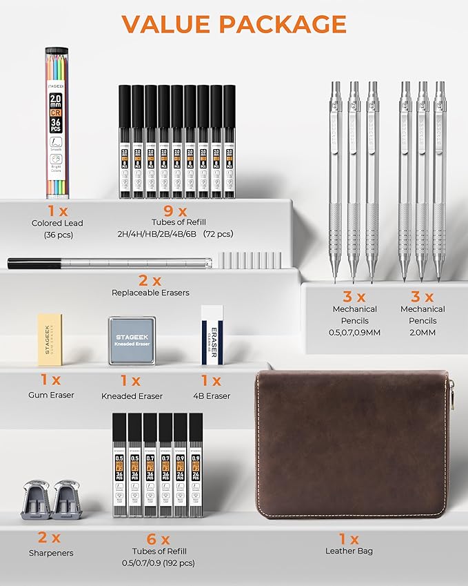 30PCS Silver Metal Mechanical Pencil Set in Leather Case, 0.5/0.7/0.9/2.0mm Art Drafting Pencils with 16 Tubes Graphite Leads (6B 4B 2B HB 2H 4H) & Colored Refills for Sketching, Drawing, Writing