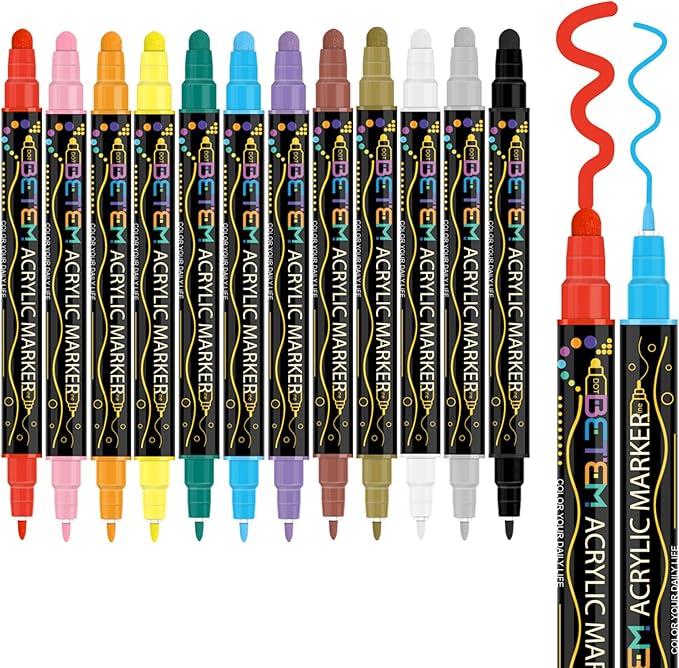 Betem 12 Colors Dual Tip Acrylic Paint Pens Markers, Premium Acrylic Paint Pens for Wood, Canvas, Stone, Rock Painting, Glass, Ceramic Surfaces, DIY Crafts Making Art Supplies